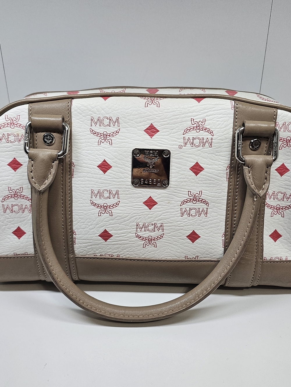 MCM White & Taupe Printed Logo Satchel